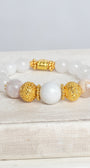 Gold Italian Style Focal Beads and Filigree Heart Charm on a Stretch Bracelet of White and Peach Agates plus White Quartz