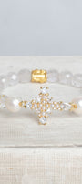 White Crystal Quartz, Pearl & Gold Crystal Cross Stretch Bracelet