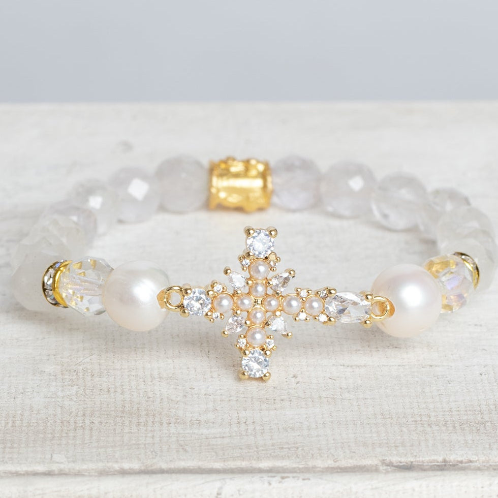 White Crystal Quartz, Pearl & Gold Crystal Cross Stretch Bracelet