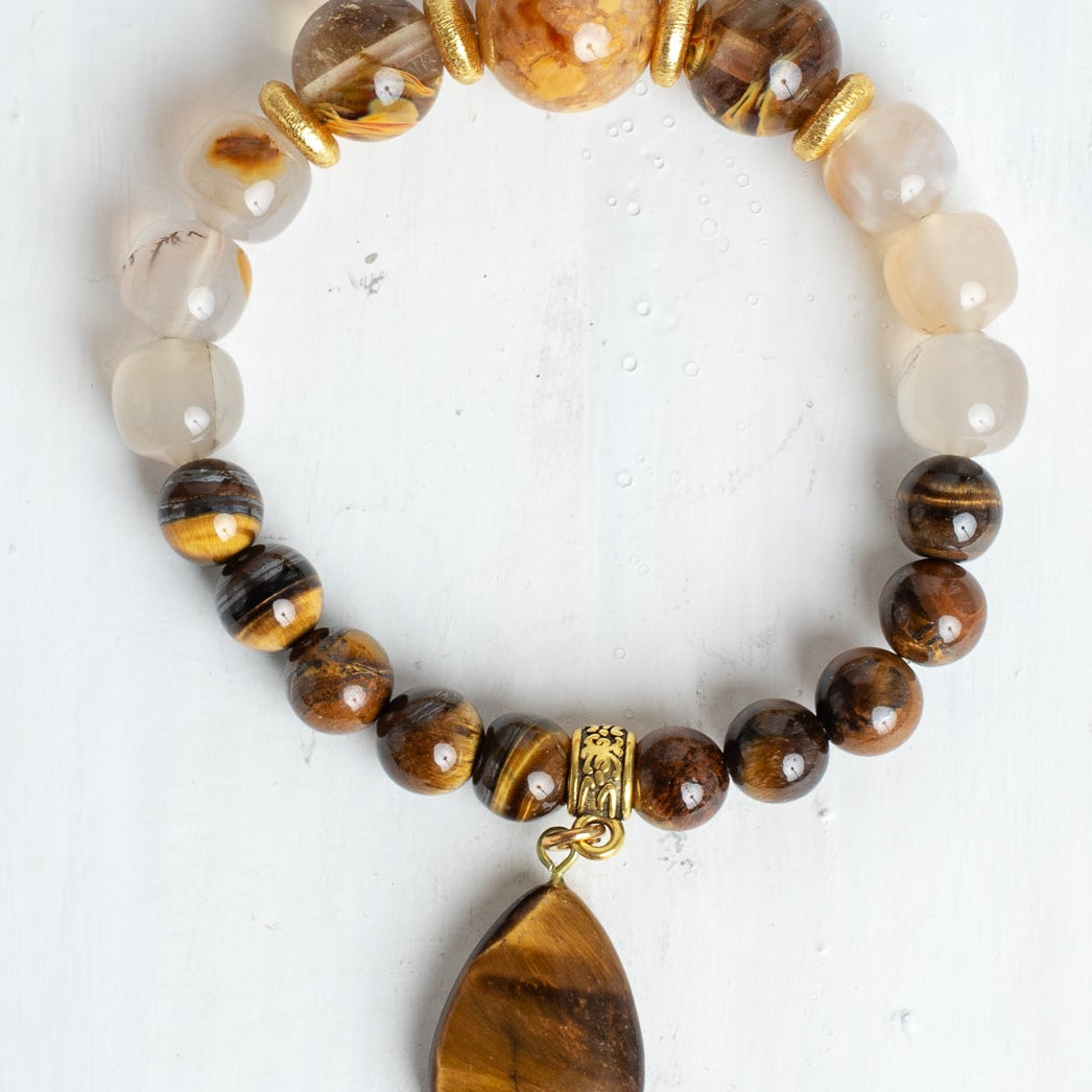 Agate and Jasper Focal Beads on a Stretch Bracelet of Tiger's Eye, gold accents and a Teardrop Tiger's Eye Charm