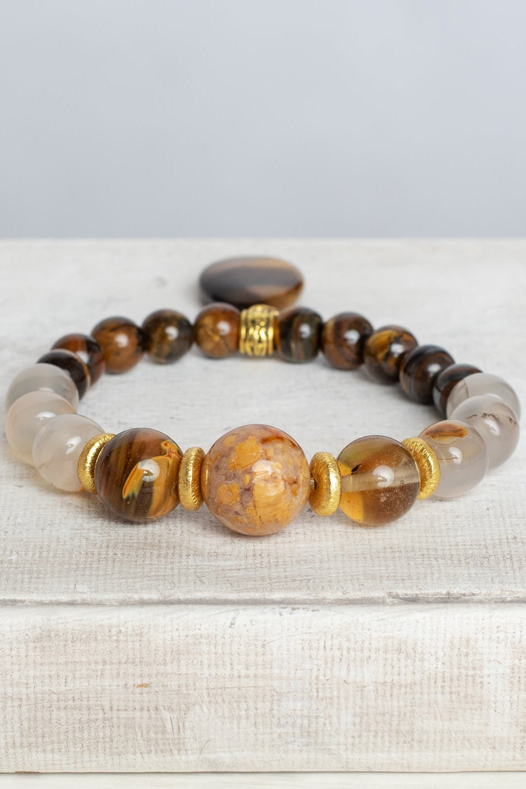 Agate and Jasper Focal Beads on a Stretch Bracelet of Tiger's Eye, gold accents and a Teardrop Tiger's Eye Charm