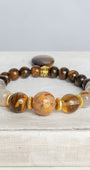Agate and Jasper Focal Beads on a Stretch Bracelet of Tiger's Eye, gold accents and a Teardrop Tiger's Eye Charm