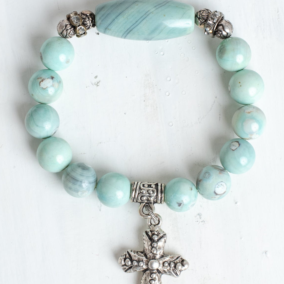 Dragon Skin Blue Green Agate with Silver Plated Beads and Bail Plus Cross Charm Stretch Bracelet