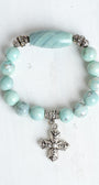 Dragon Skin Blue Green Agate with Silver Plated Beads and Bail Plus Cross Charm Stretch Bracelet