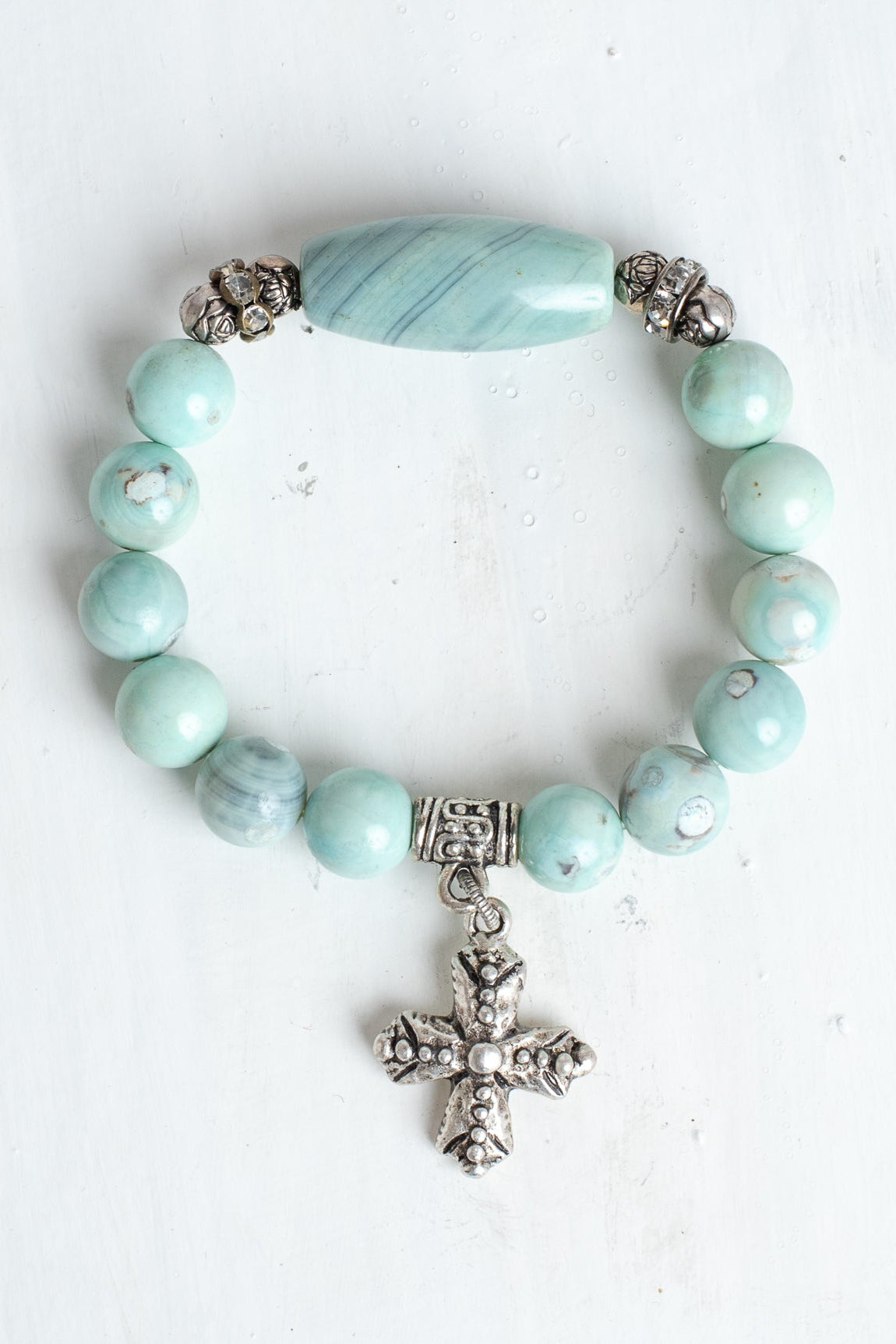 Dragon Skin Blue Green Agate with Silver Plated Beads and Bail Plus Cross Charm Stretch Bracelet