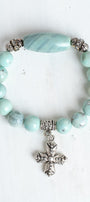 Dragon Skin Blue Green Agate with Silver Plated Beads and Bail Plus Cross Charm Stretch Bracelet