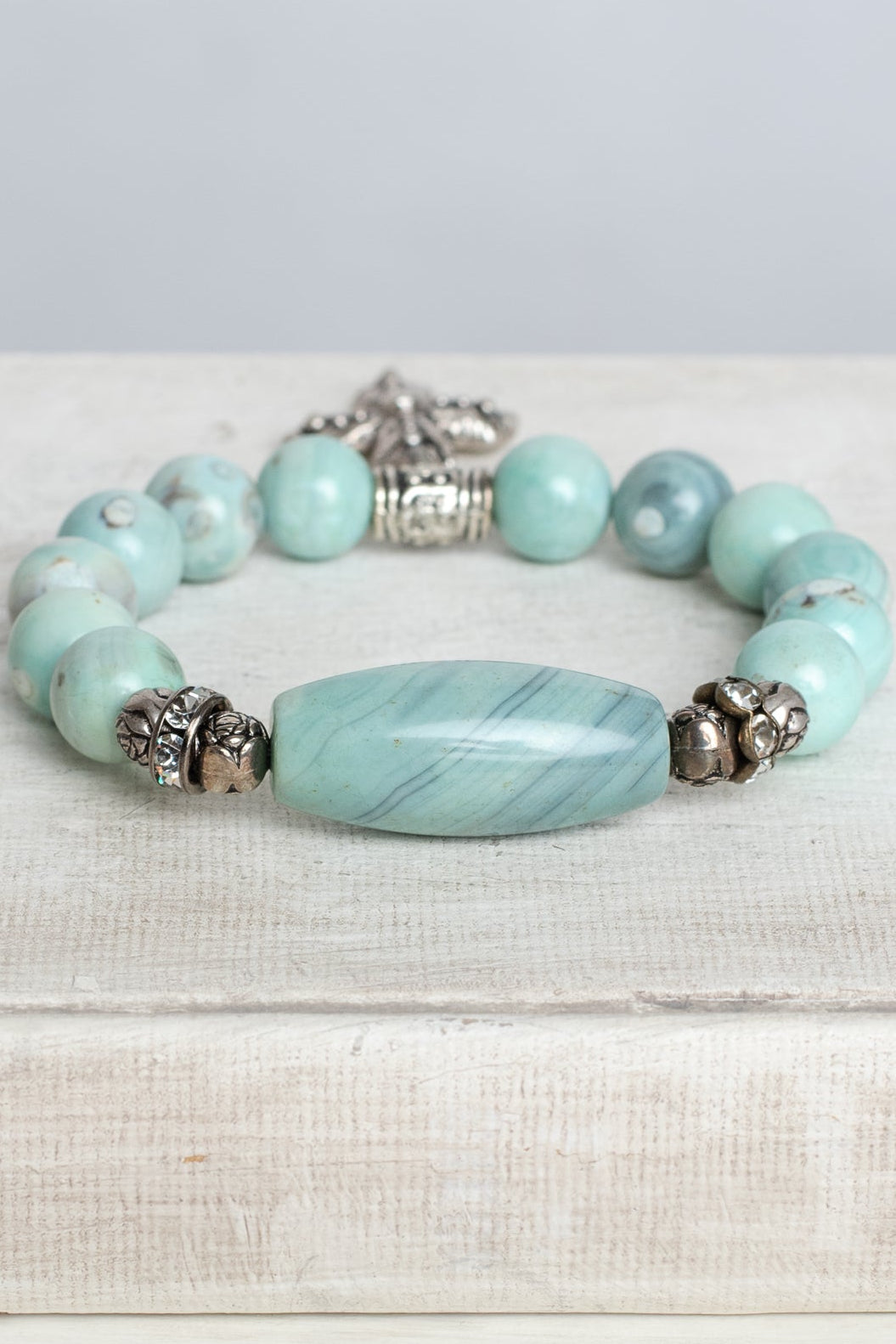 Dragon Skin Blue Green Agate with Silver Plated Beads and Bail Plus Cross Charm Stretch Bracelet