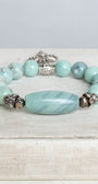 Dragon Skin Blue Green Agate with Silver Plated Beads and Bail Plus Cross Charm Stretch Bracelet