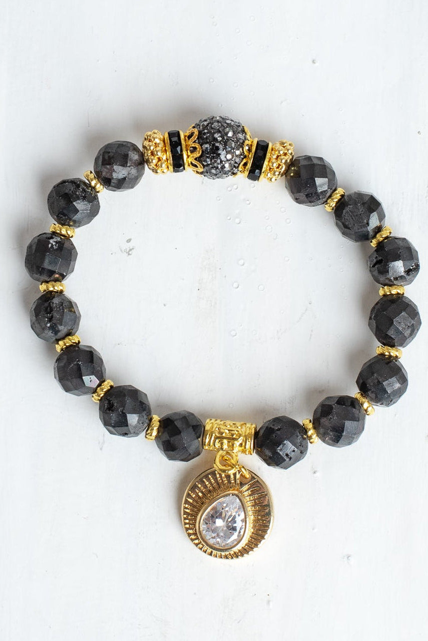 Black Druzy Faceted Agate Stone Stretch Bracelet with Gold Plated Beads and Charms