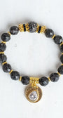 Black Druzy Faceted Agate Stone Stretch Bracelet with Gold Plated Beads and Charms