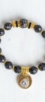 Black Druzy Faceted Agate Stone Stretch Bracelet with Gold Plated Beads and Charms