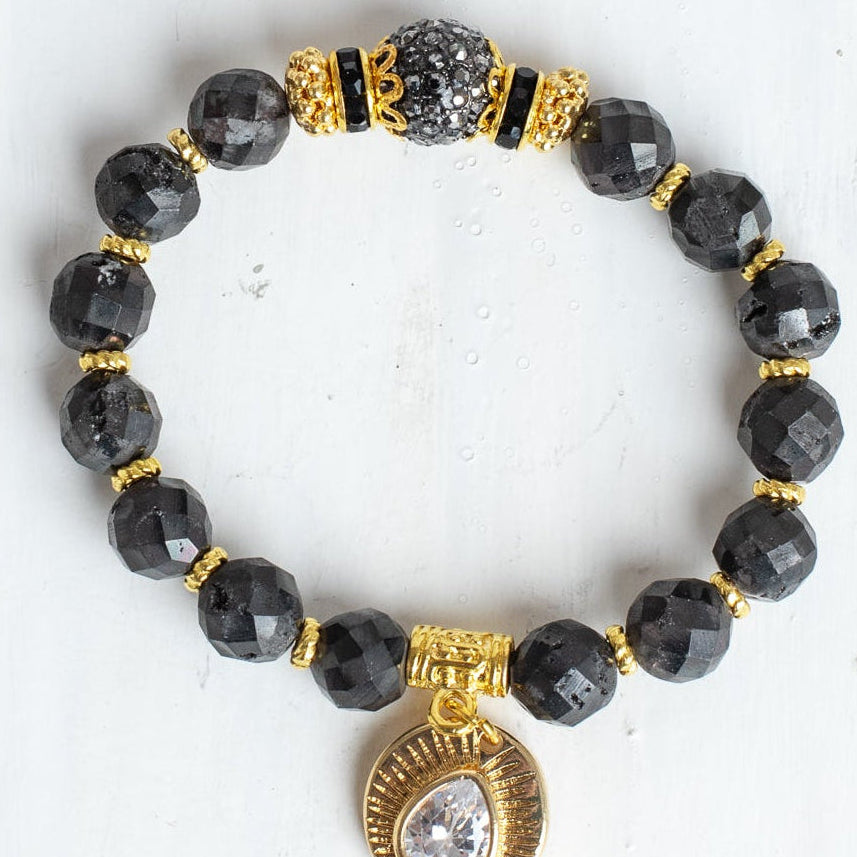 Black Druzy Faceted Agate Stone Stretch Bracelet with Gold Plated Beads and Charms