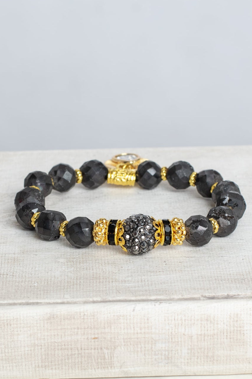 Black Druzy Faceted Agate Stone Stretch Bracelet with Gold Plated Beads and Charms