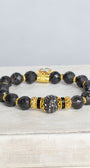 Black Druzy Faceted Agate Stone Stretch Bracelet with Gold Plated Beads and Charms