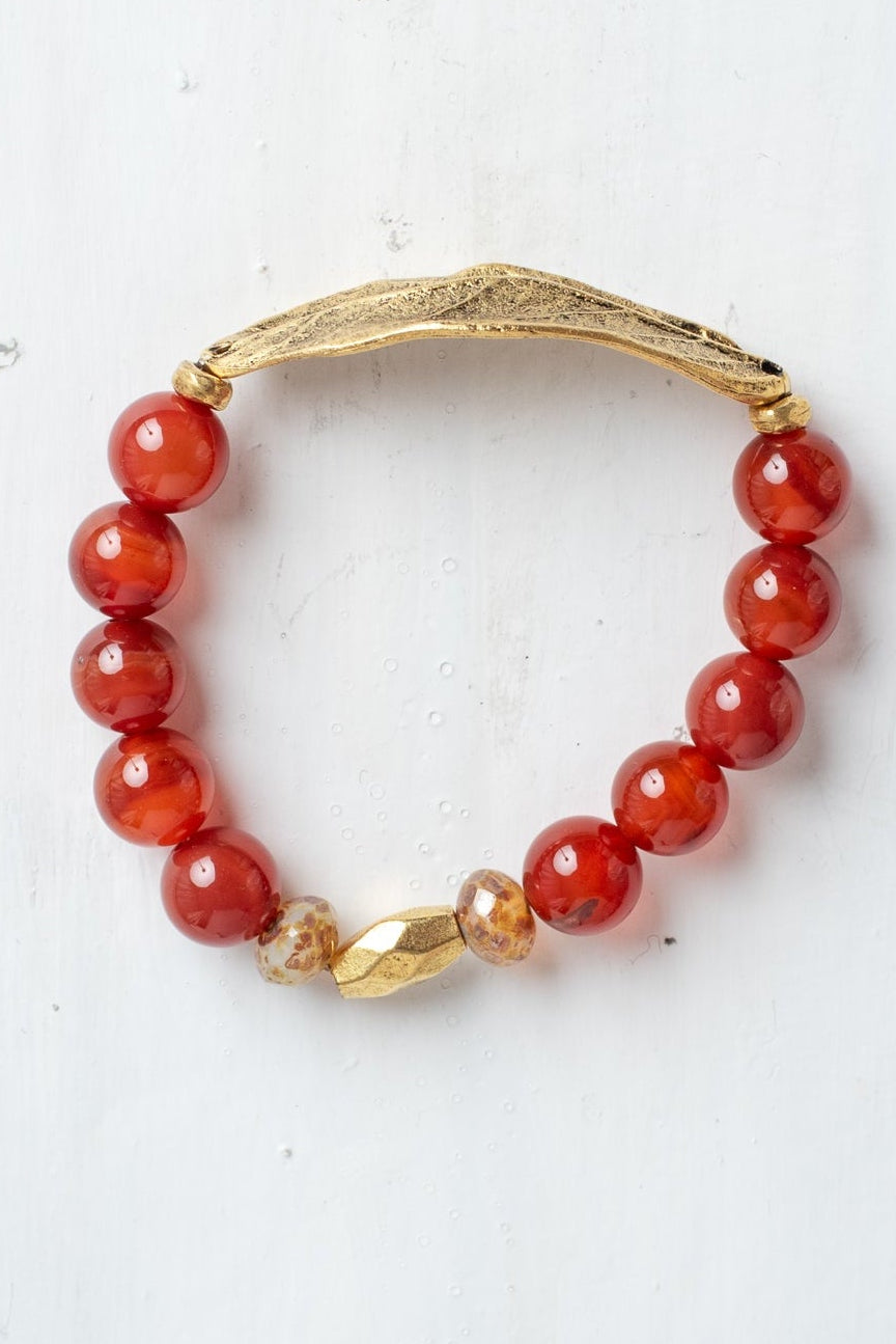 Gold Large Leave Wrist Charm on a Stretch Bracelet of Carnelian Stone Beads