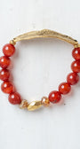 Gold Large Leave Wrist Charm on a Stretch Bracelet of Carnelian Stone Beads