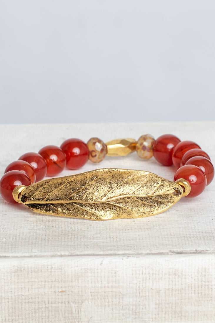 Gold Large Leave Wrist Charm on a Stretch Bracelet of Carnelian Stone Beads