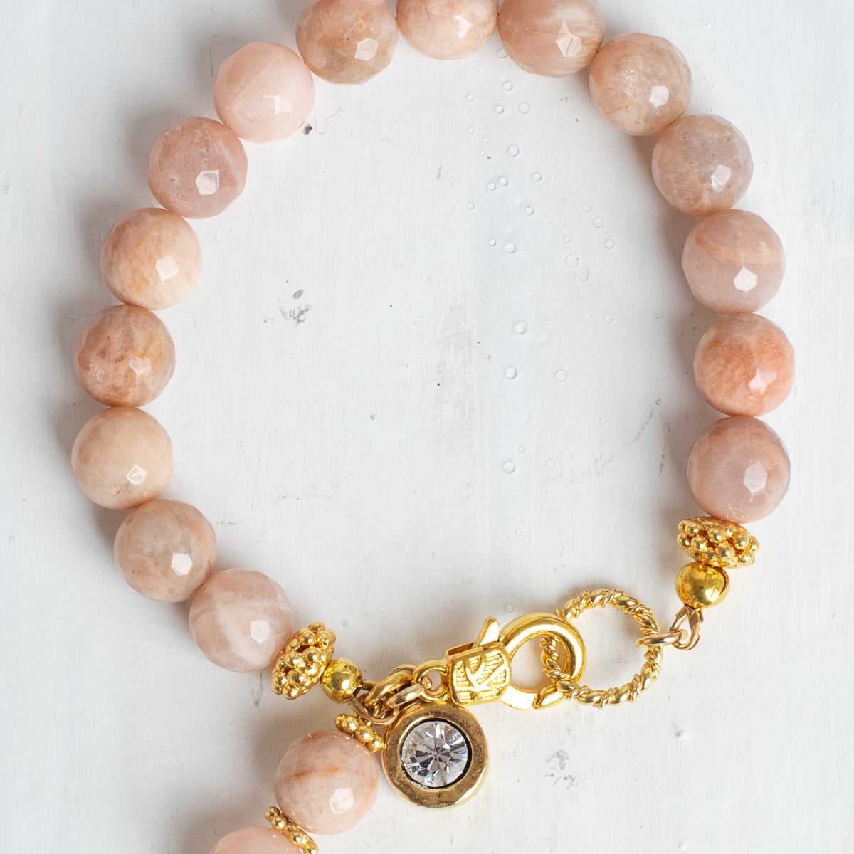 Faceted Peach Moonstone Bracelet with Swarovski Crystal and Gold Plated Accents