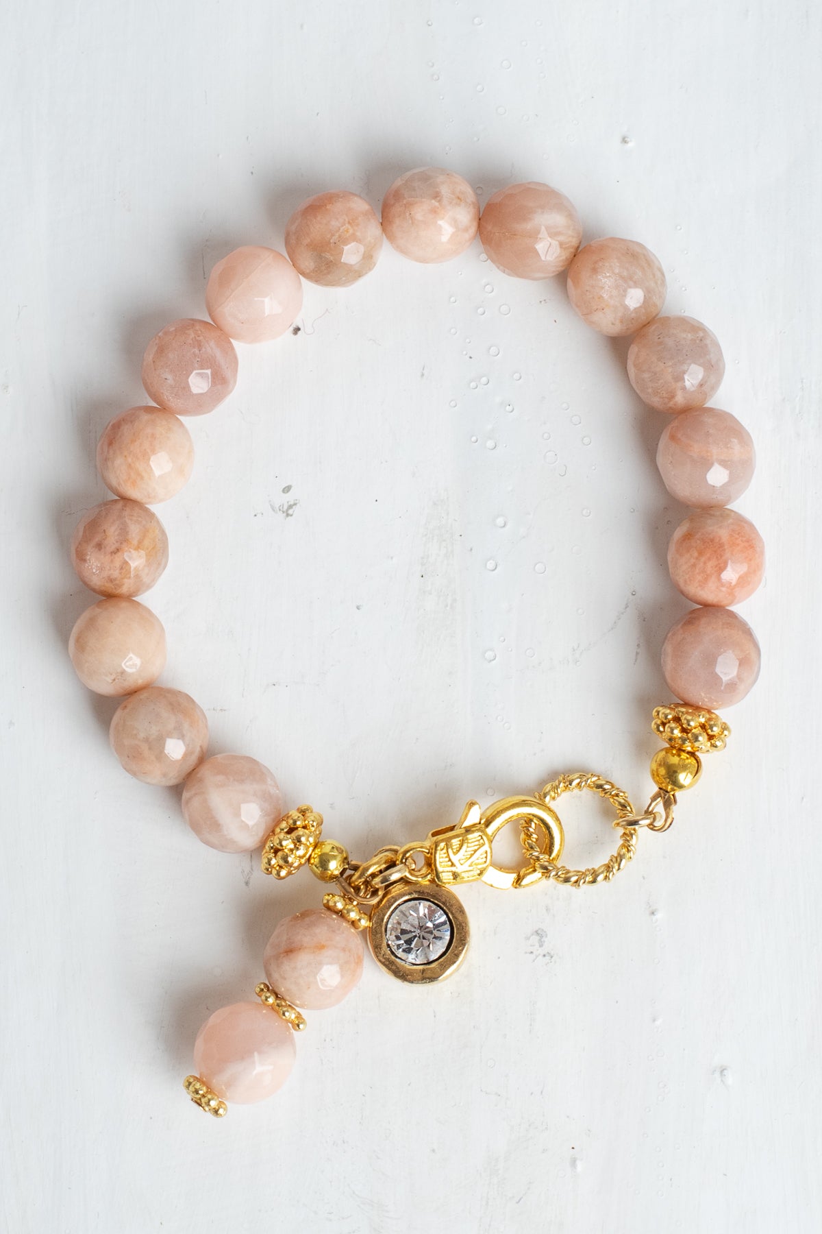 Faceted Peach Moonstone Bracelet with Swarovski Crystal and Gold Plated Accents