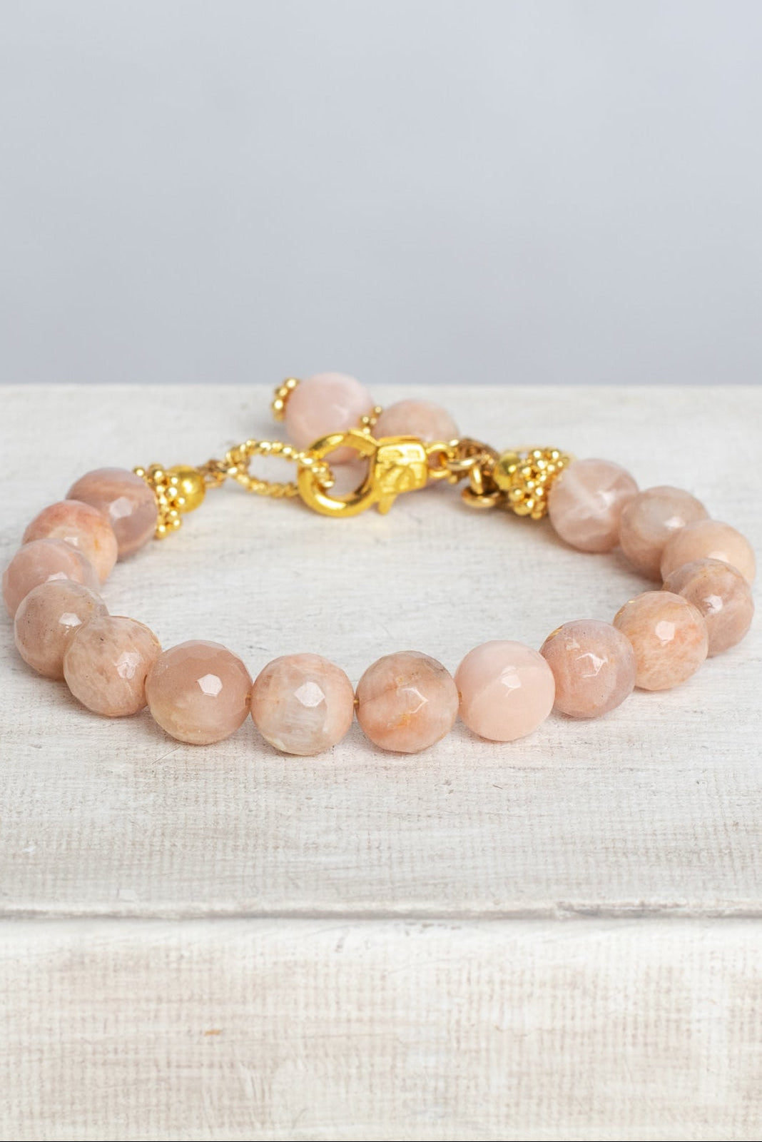 Faceted Peach Moonstone Bracelet with Swarovski Crystal and Gold Plated Accents
