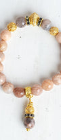 Gold Italian Style Beads and Stone Charm on a Stretch Bracelet of Faceted Peach Moonstone