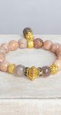 Gold Italian Style Beads and Stone Charm on a Stretch Bracelet of Faceted Peach Moonstone