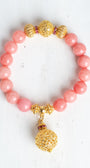 Gold Italian Style Focal Beads and Filigree Charm on a Stretch Bracelet of Pink Peach Quartz