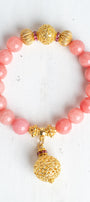 Gold Italian Style Focal Beads and Filigree Charm on a Stretch Bracelet of Pink Peach Quartz
