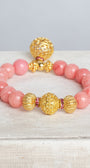 Gold Italian Style Focal Beads and Filigree Charm on a Stretch Bracelet of Pink Peach Quartz