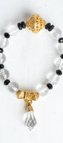 Crystal Quartz Faceted Beads with Gold Filigree Focal on a Stretch Bracelet with a Crystal Drop Charm