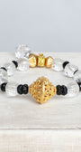 Crystal Quartz Faceted Beads with Gold Filigree Focal on a Stretch Bracelet with a Crystal Drop Charm