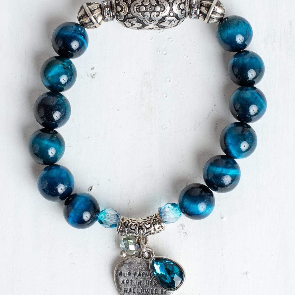 Silver Italian Style Focal Bead and "The Lord's Prayer" Heart Charm on a Turquoise Tiger's Eye Stone Stretch Bracelet