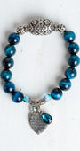 Silver Italian Style Focal Bead and "The Lord's Prayer" Heart Charm on a Turquoise Tiger's Eye Stone Stretch Bracelet