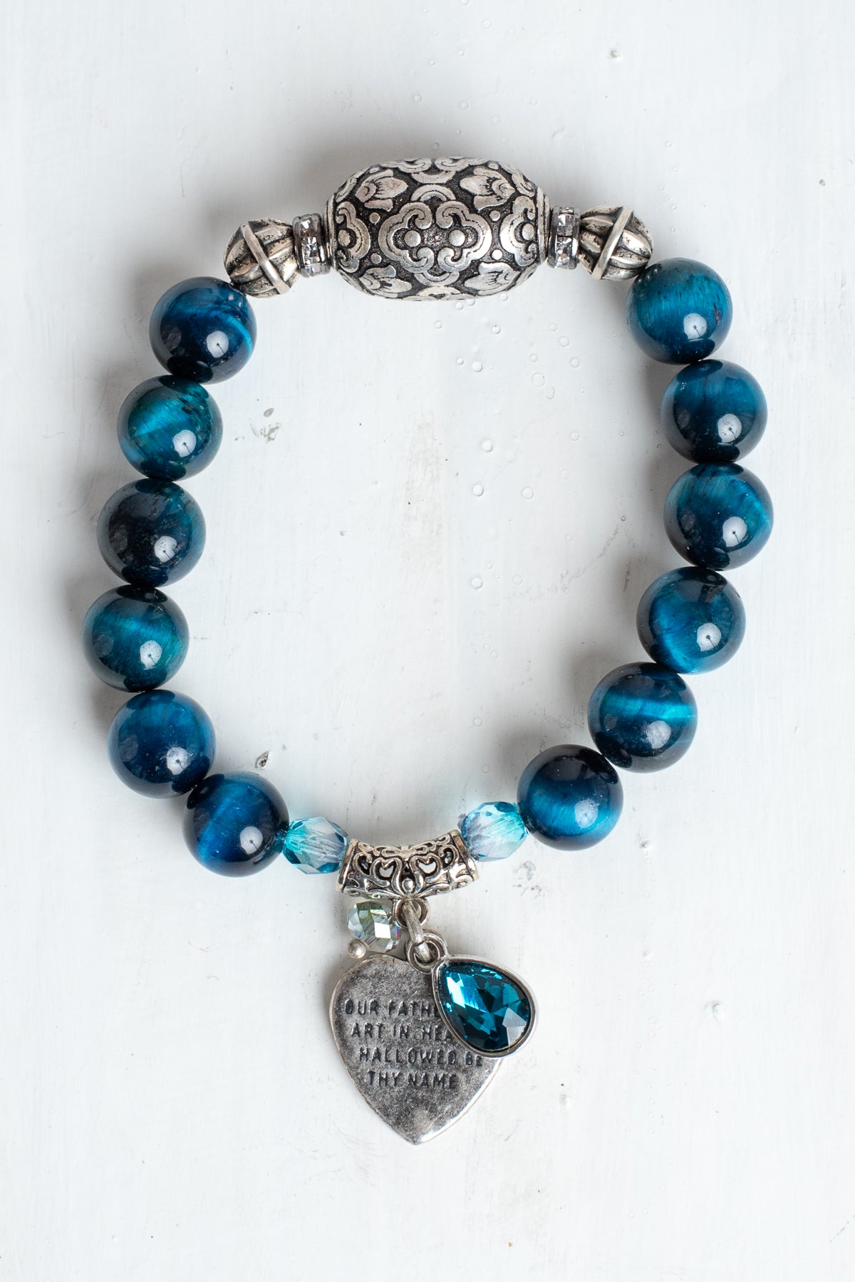 Silver Italian Style Focal Bead and "The Lord's Prayer" Heart Charm on a Turquoise Tiger's Eye Stone Stretch Bracelet