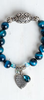 Silver Italian Style Focal Bead and "The Lord's Prayer" Heart Charm on a Turquoise Tiger's Eye Stone Stretch Bracelet