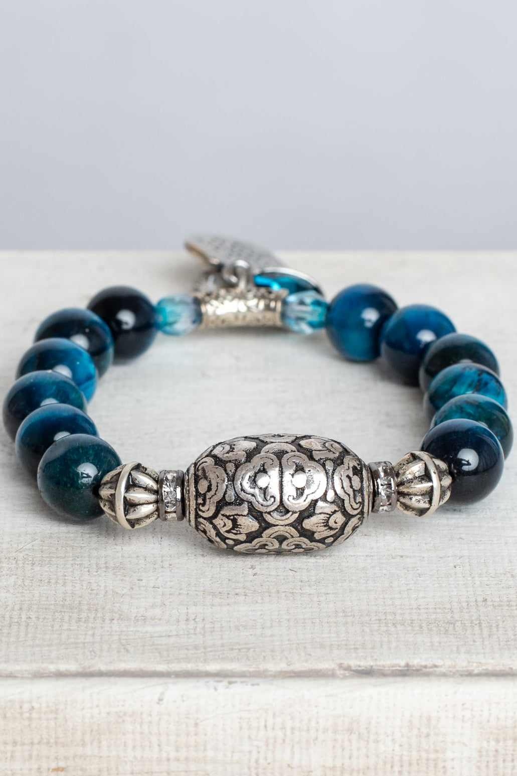 Silver Italian Style Focal Bead and "The Lord's Prayer" Heart Charm on a Turquoise Tiger's Eye Stone Stretch Bracelet