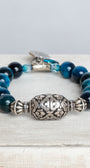 Silver Italian Style Focal Bead and "The Lord's Prayer" Heart Charm on a Turquoise Tiger's Eye Stone Stretch Bracelet