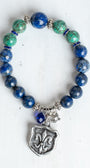 Blue Sodalite and Green Turquoise Stone Bead Stretch Bracelet with Silver Fleur de Lis Shield Charm