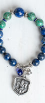 Blue Sodalite and Green Turquoise Stone Bead Stretch Bracelet with Silver Fleur de Lis Shield Charm