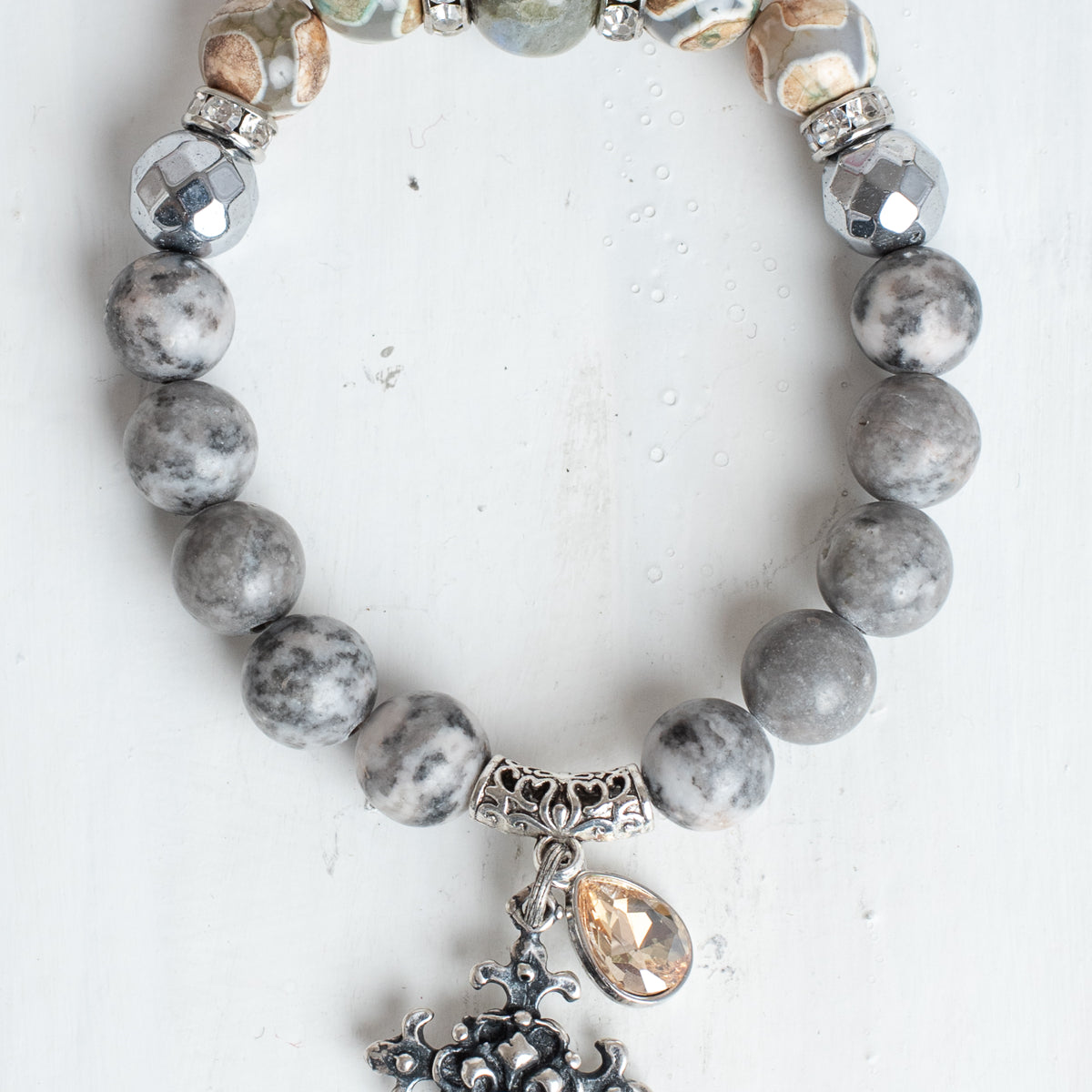 Gemtone Stretch Bracelet with Labradorite, Hemitite and Jasper Stones plus a Silver Cross Charm and Crystal