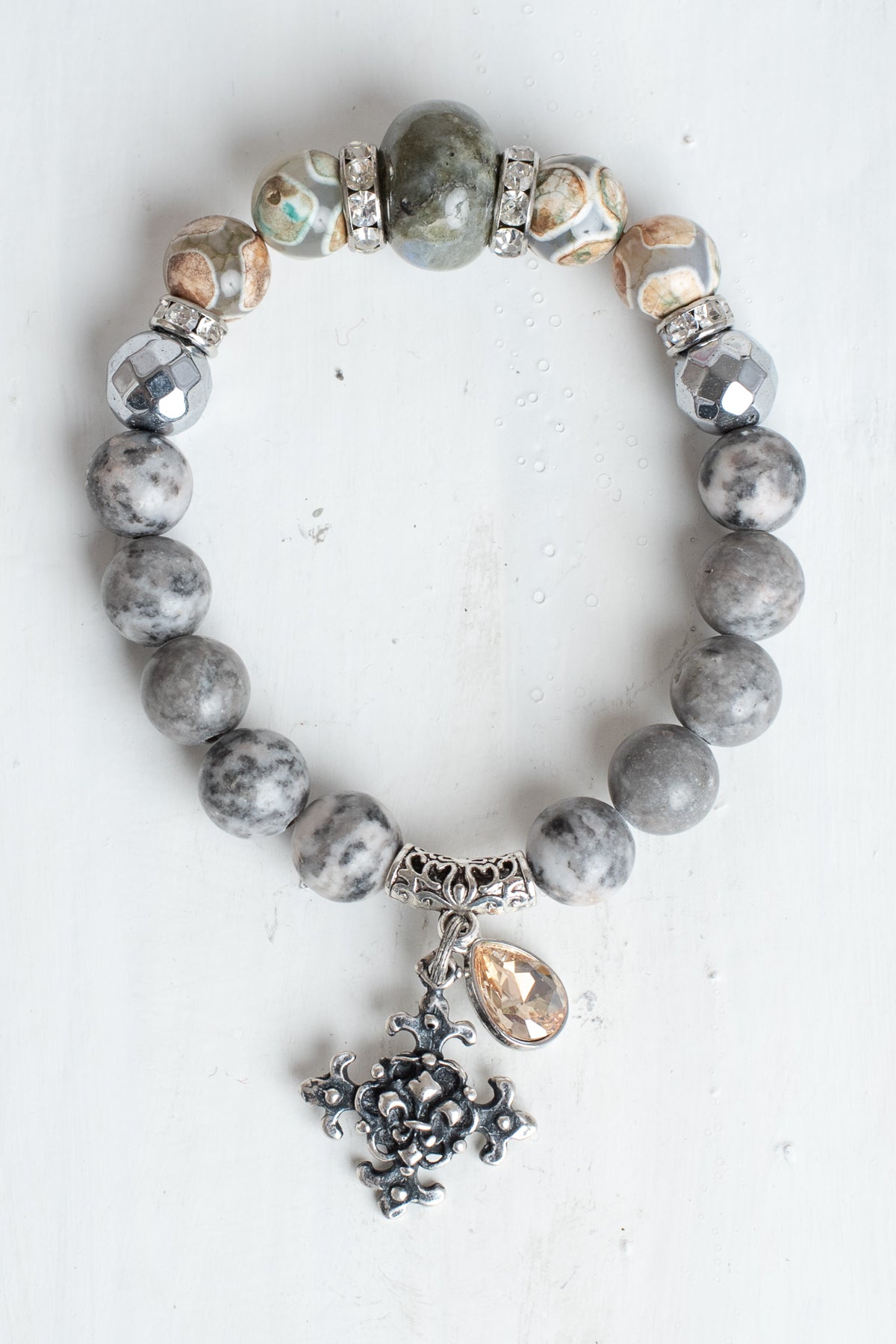 Gemtone Stretch Bracelet with Labradorite, Hemitite and Jasper Stones plus a Silver Cross Charm and Crystal