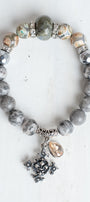 Gemtone Stretch Bracelet with Labradorite, Hemitite and Jasper Stones plus a Silver Cross Charm and Crystal