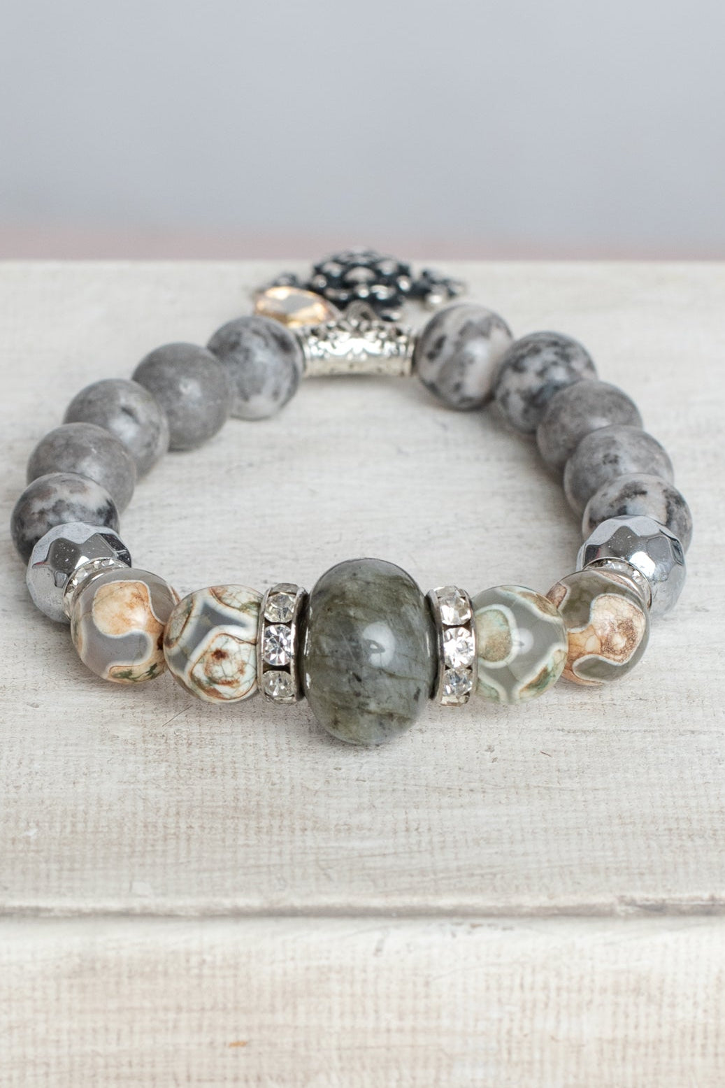 Gemtone Stretch Bracelet with Labradorite, Hemitite and Jasper Stones plus a Silver Cross Charm and Crystal