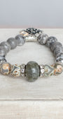 Gemtone Stretch Bracelet with Labradorite, Hemitite and Jasper Stones plus a Silver Cross Charm and Crystal