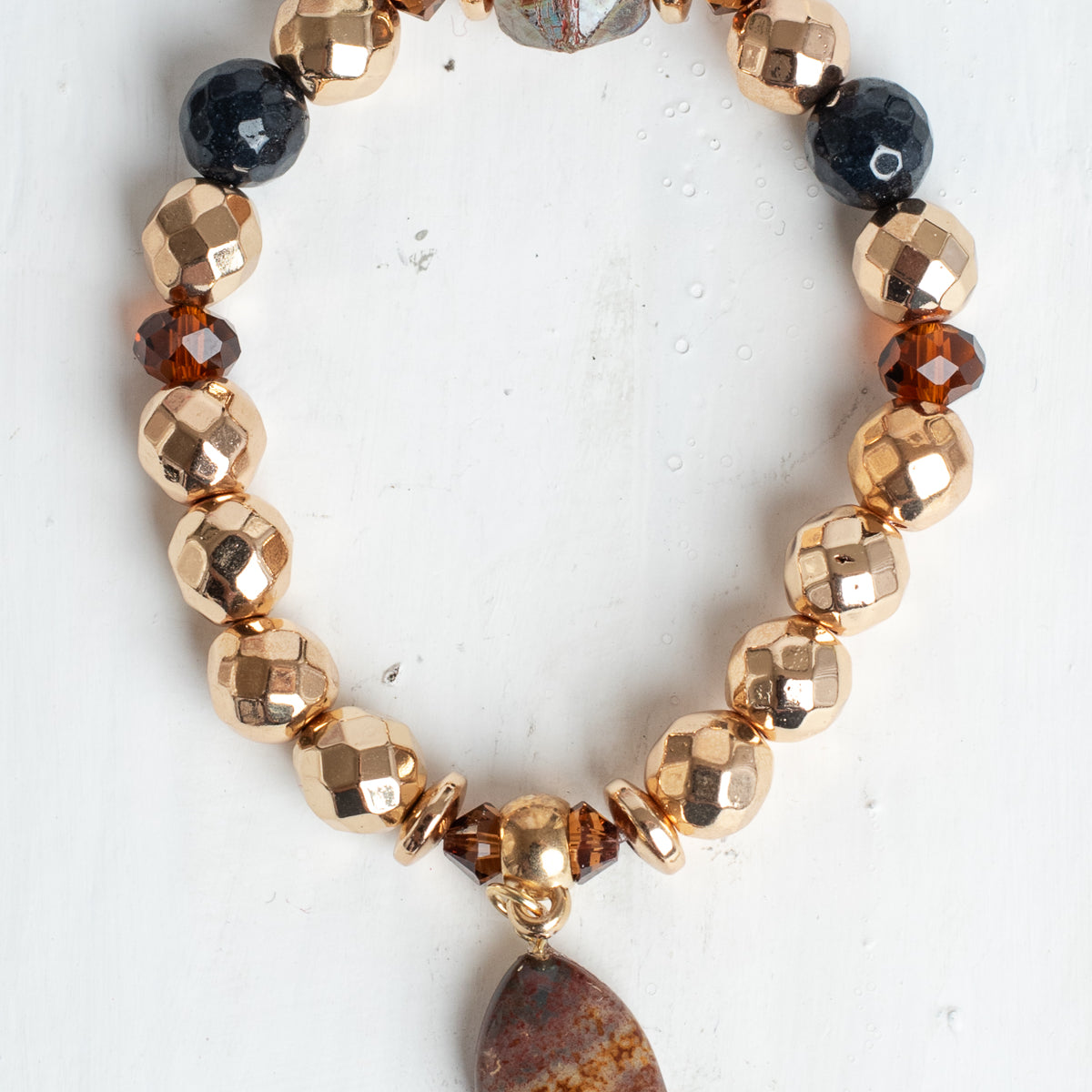Gold Plated Hematite Stone Beads, Czech Crystal Beads and Agate Crop on a Unique Stretch Bracelet