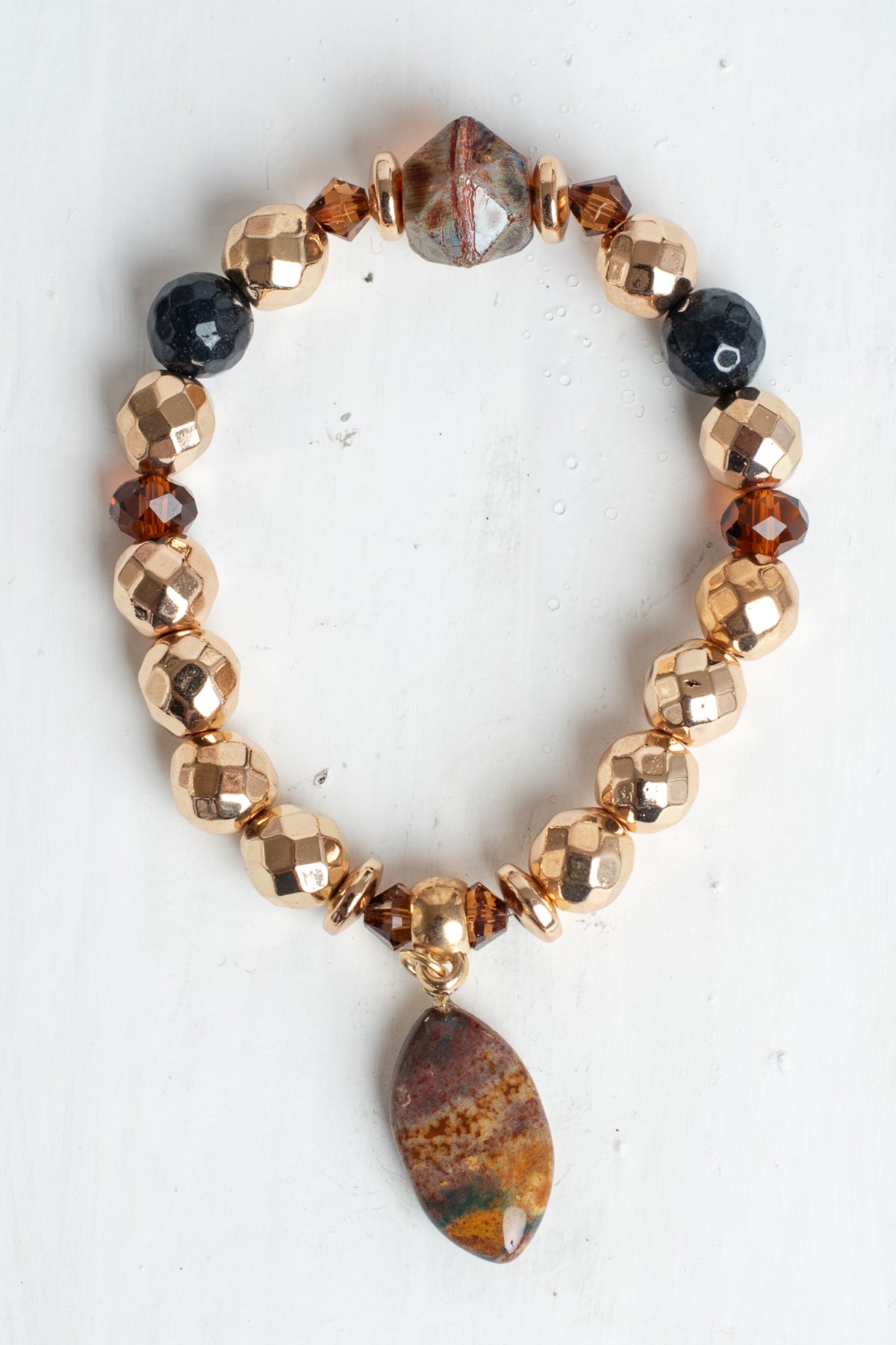 Gold Plated Hematite Stone Beads, Czech Crystal Beads and Agate Crop on a Unique Stretch Bracelet