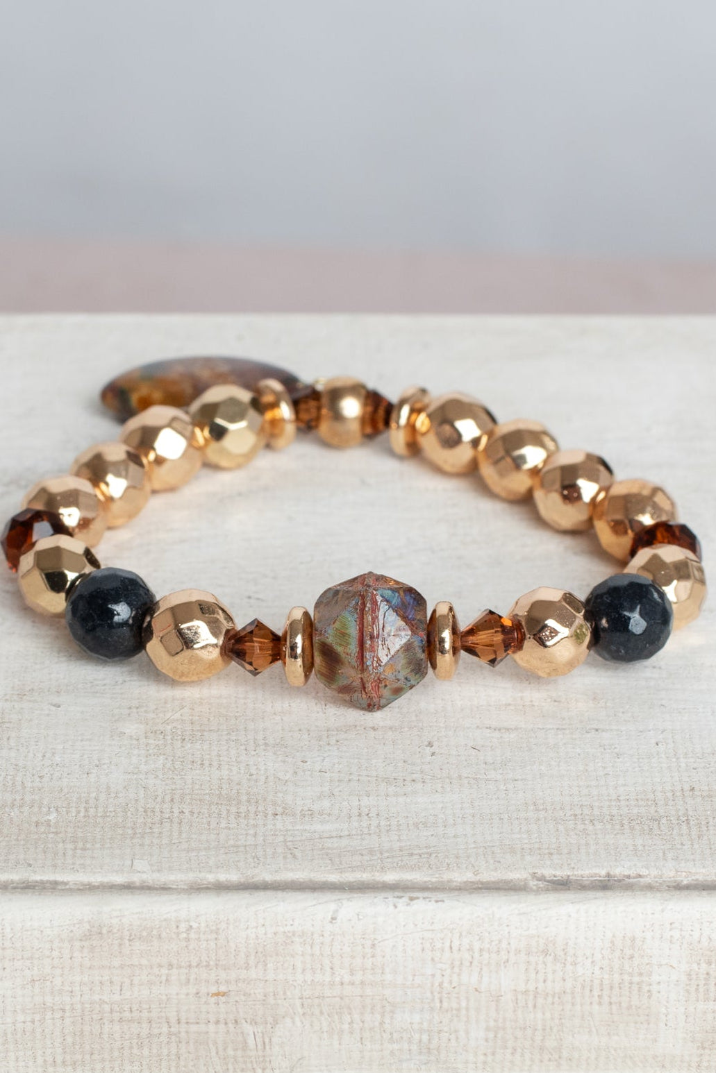 Gold Plated Hematite Stone Beads, Czech Crystal Beads and Agate Crop on a Unique Stretch Bracelet
