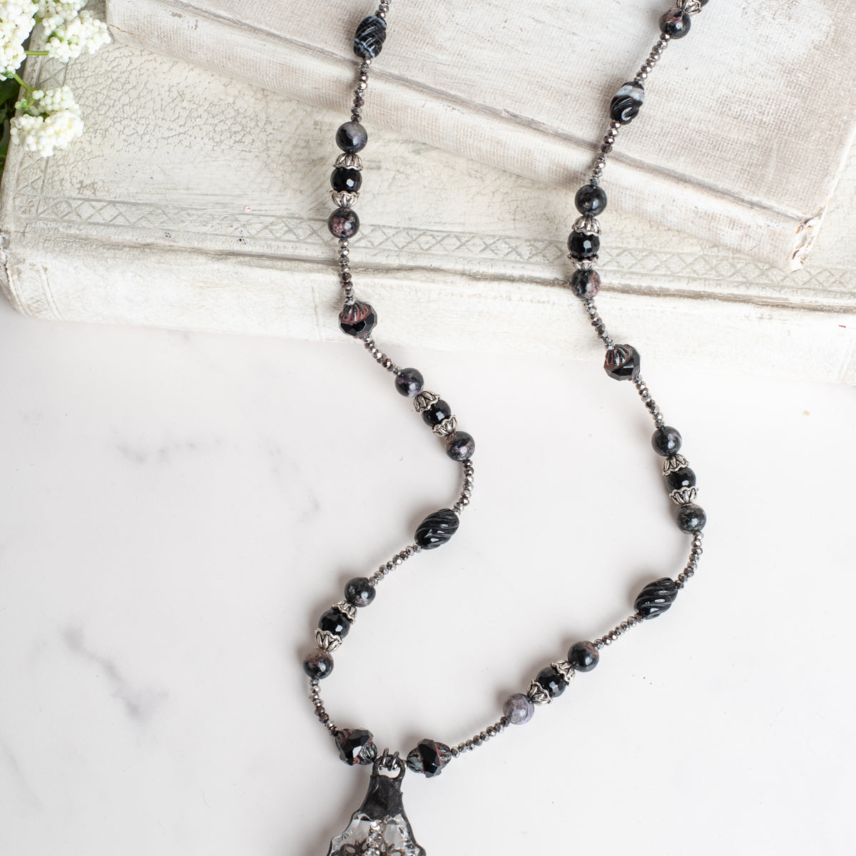 Cross and Filigree Hand Soldered Chandelier Crystal Pendant on a Beaded Necklace