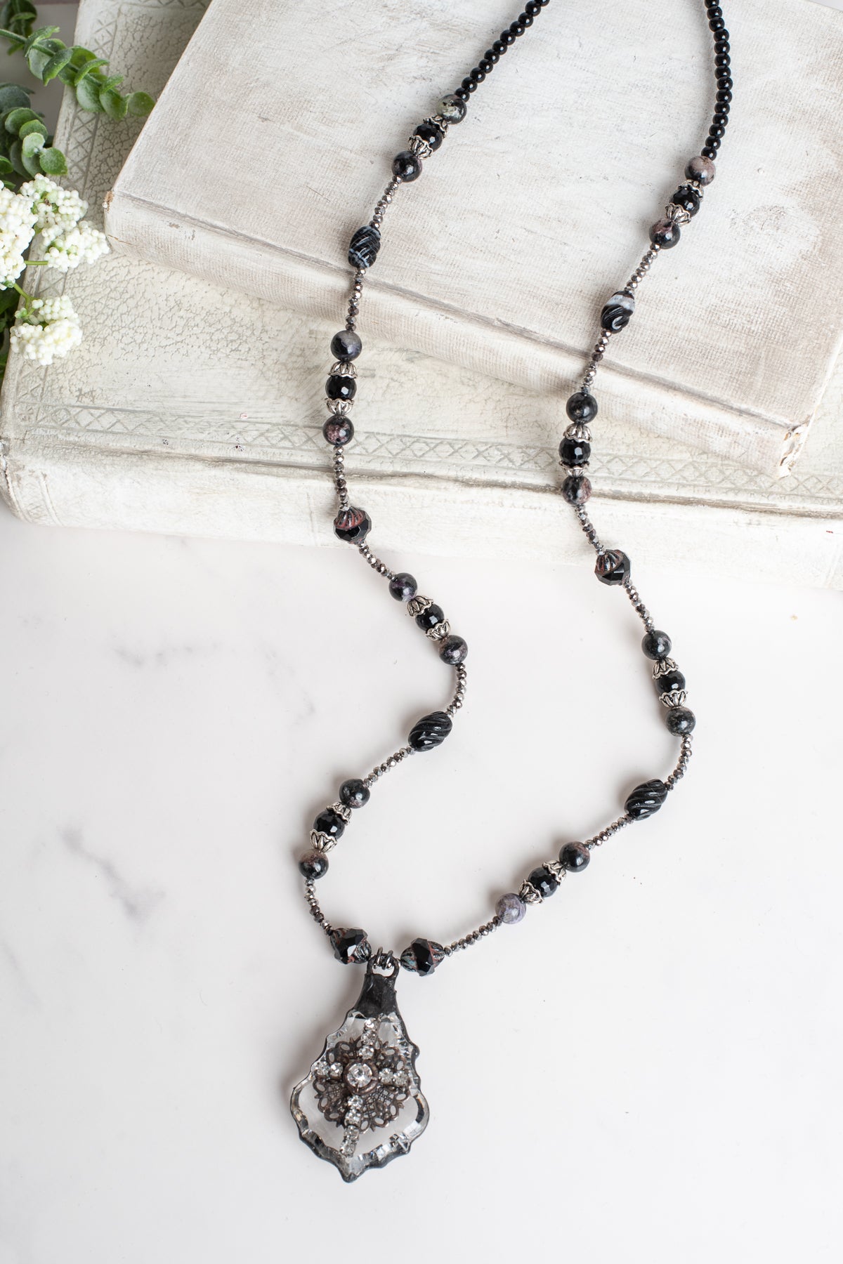 Cross and Filigree Hand Soldered Chandelier Crystal Pendant on a Beaded Necklace