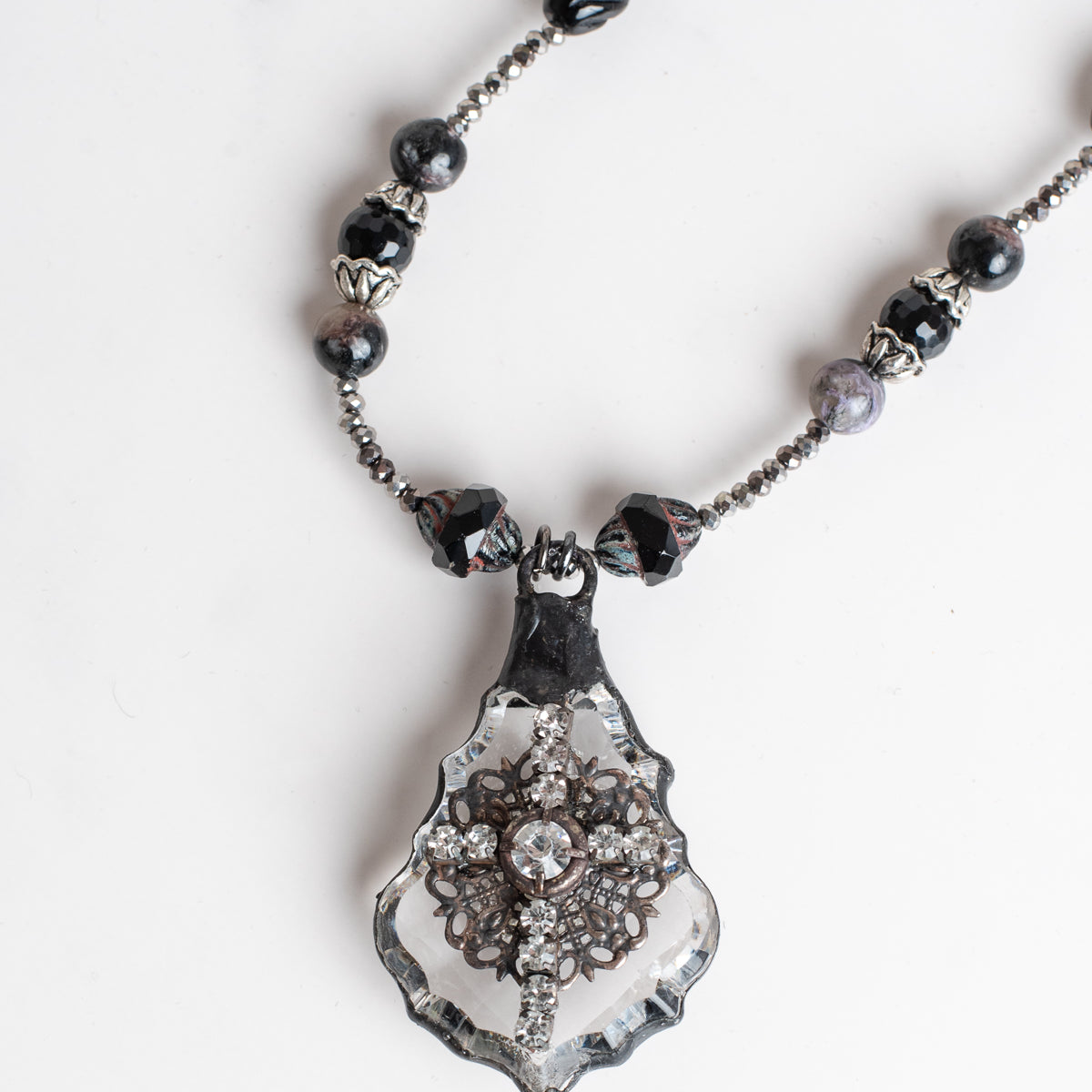Cross and Filigree Chandelier Crystal Pendant on a Beaded Necklace